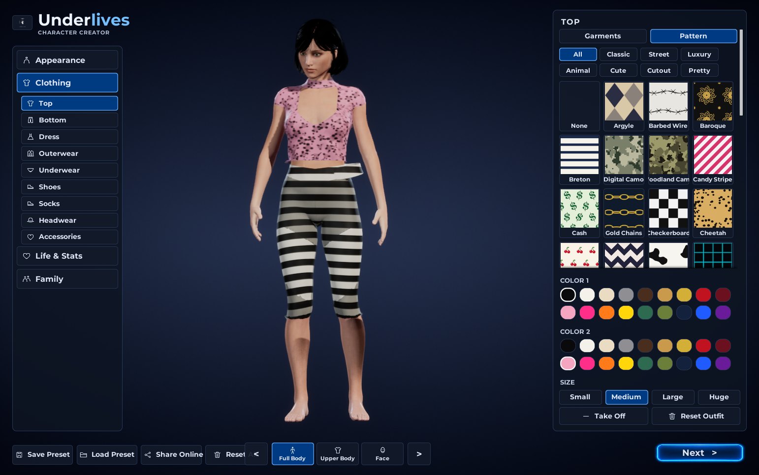 A cropped blouse in pink leopard over striped capris