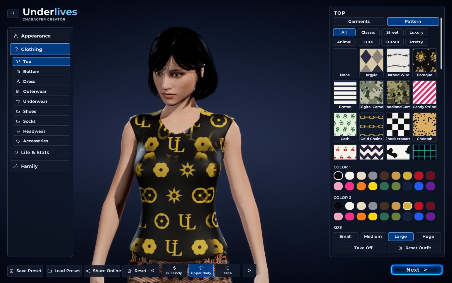 Character creator, pattern page